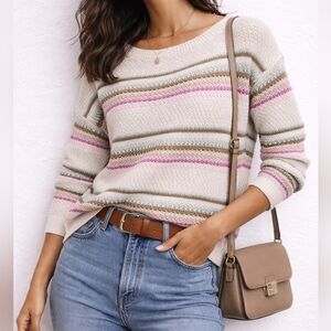 LOFT Cream and Pink Striped Sweater
